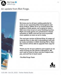 拳头单机游戏发行商Riot Forge发布公告称横版过关游戏《聚点危机：英雄联盟外传》以及单人冒险游戏《努努之歌：英雄联盟外传》都将推迟到2023年正式发布 潮牌冬季如何御寒提醒（数款拳头单机游戏推迟 2023年正式发售）