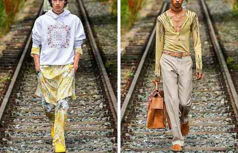Etro 标志性的佩斯利印花图案、提花印花和潮牌品牌纹理是品牌旗下外套、连衣裙、包款及鞋履最突出的特色（Etro 艾卓 2022 春夏男装系列亮相秀场，生机盎然新世界）