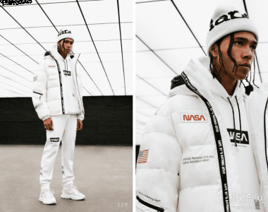 服饰以 NASA 常用黑潮牌信息、白和红色作主调（AAPE BY A BATHING APE x NASA实物赏析 AAPE联名NASA发售信息）