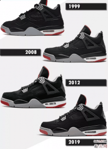 另外通过对潮牌资讯比还能发现（AJ4黑红复刻了几次 AJ4黑红历次复刻对比测评）