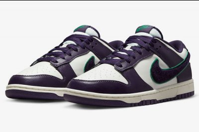 同时侧边对钩则潮牌商城有绿色包边细节（耐克 Dunk Low 全新“Chenille Swoosh”配色鞋款公布）