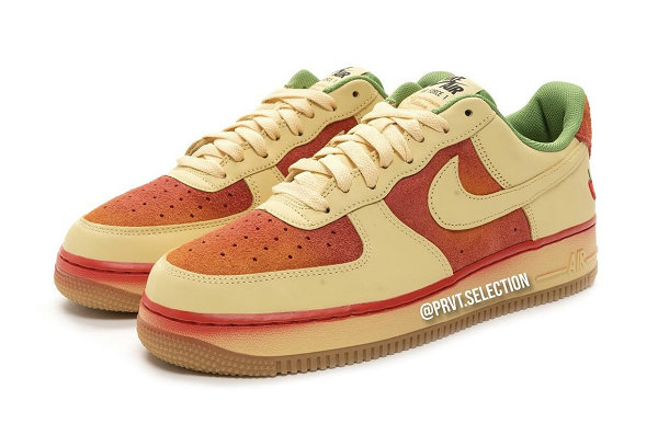 这双低帮空军一号以网潮牌商城格布、麂皮等材料拼接制作（Air Force 1 40 周年纪念“Chili Pepper”配色鞋款曝光）
