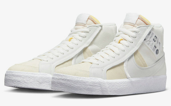 同时鞋身部分融入了解构潮牌元素以及扩大化 Swoosh logo 设计（耐克 SB Blazer Mid 全新“Warning Label”配色鞋款释出）