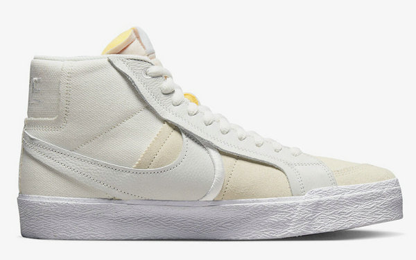 同时鞋身部分融入了解构潮牌元素以及扩大化 Swoosh logo 设计（耐克 SB Blazer Mid 全新“Warning Label”配色鞋款释出）