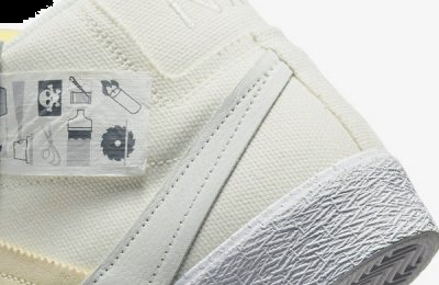 同时鞋身部分融入了解构潮牌元素以及扩大化 Swoosh logo 设计（耐克 SB Blazer Mid 全新“Warning Label”配色鞋款释出）