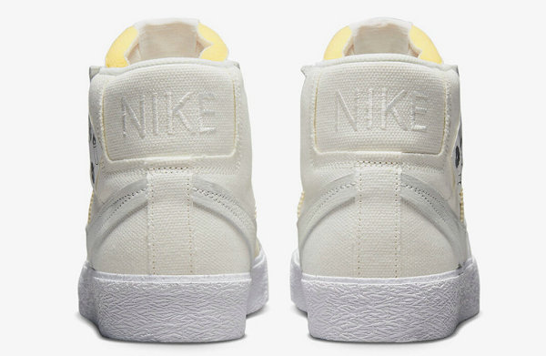 同时鞋身部分融入了解构潮牌元素以及扩大化 Swoosh logo 设计（耐克 SB Blazer Mid 全新“Warning Label”配色鞋款释出）