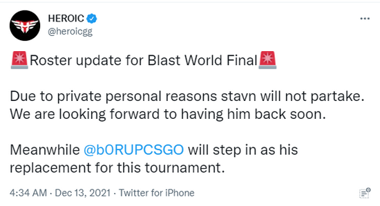 b0RUP将替代stavn参加BLAST全球总决赛 潮牌游戏互动（b0RUP将替代stavn参加BLAST全球总决赛）