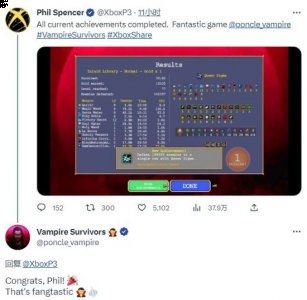 而《吸血鬼幸存者》官方推特也在评论中回应了菲尔·斯宾塞 潮牌游戏互动（Xbox负责人菲尔·斯宾塞达成《吸血鬼幸存者》全成就：游戏很棒）