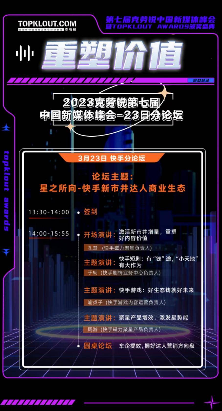  快手剧情业务中心负责人于轲的演讲主题是：“快手短剧：有‘钱’途 2022冬季潮牌新款推荐（克劳锐第七届中国新媒体峰会分论坛即将开启！）