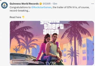 《GTA6》预告获吉尼斯认证 打破三项纪录 2023年最新流行（《GTA6》预告获吉尼斯认证 打破三项纪录）